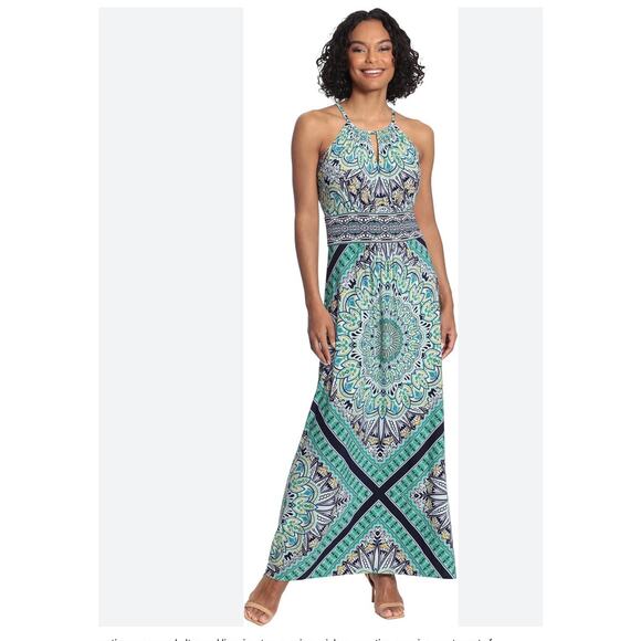 LONDON TIMES Morris Maxi Halter Dress NWT Blue Green Paisley Print sz 12 Boho - Picture 15 of 16